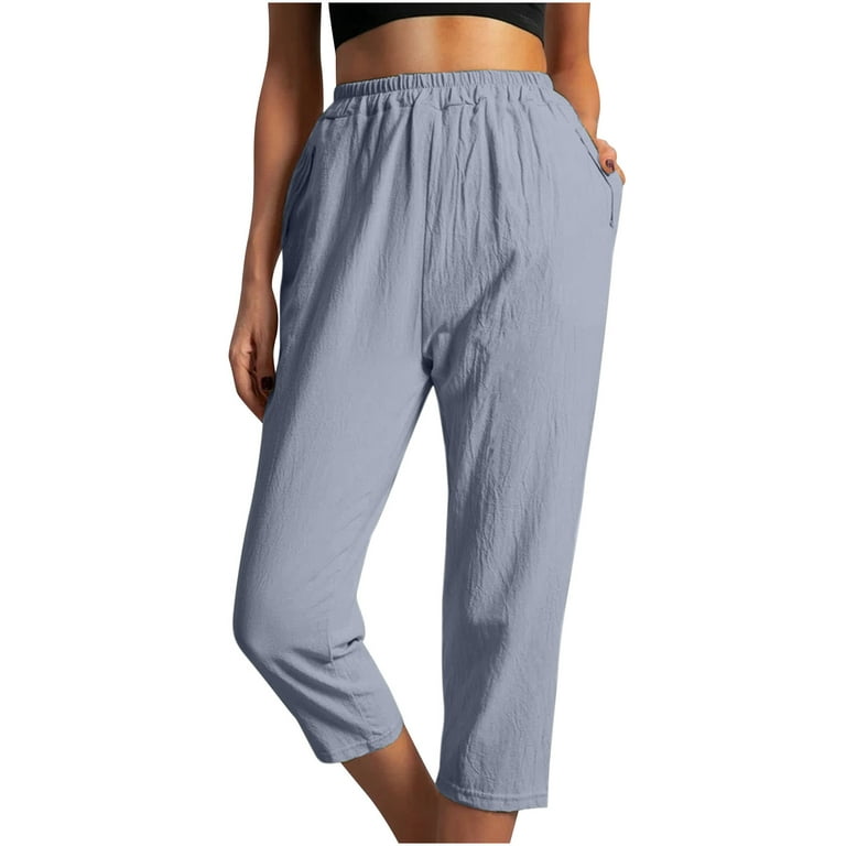QUYUON Womens Capris Pants Clearance Ladies Cotton Linen Elastic Waist  Capris with Pockets Casual Summer Loose Comfy High Waisted Capris Cropped