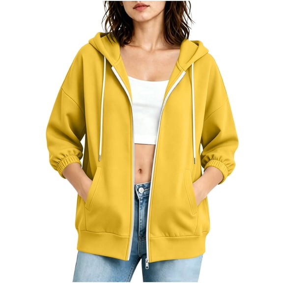 HAiming 3/4 Length Sleeve Jackets for Women Drawstring Casual Trendy Shirts Fall Workout Outerwear with Pockets