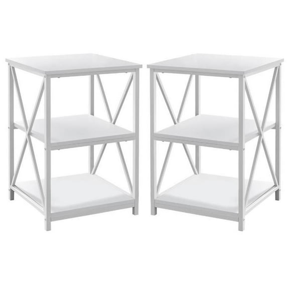 Home Square 2 Shelf Modern Square Wood Top X Frame End Table in White - Set of 2