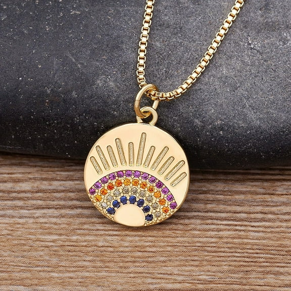 Round pendant of Turkish evil eye necklace 14K Yellow Gold Blue Zircon Jewelry Necklace Pendant Trendy Stone Hamsa Hand Accessories Collier Femme