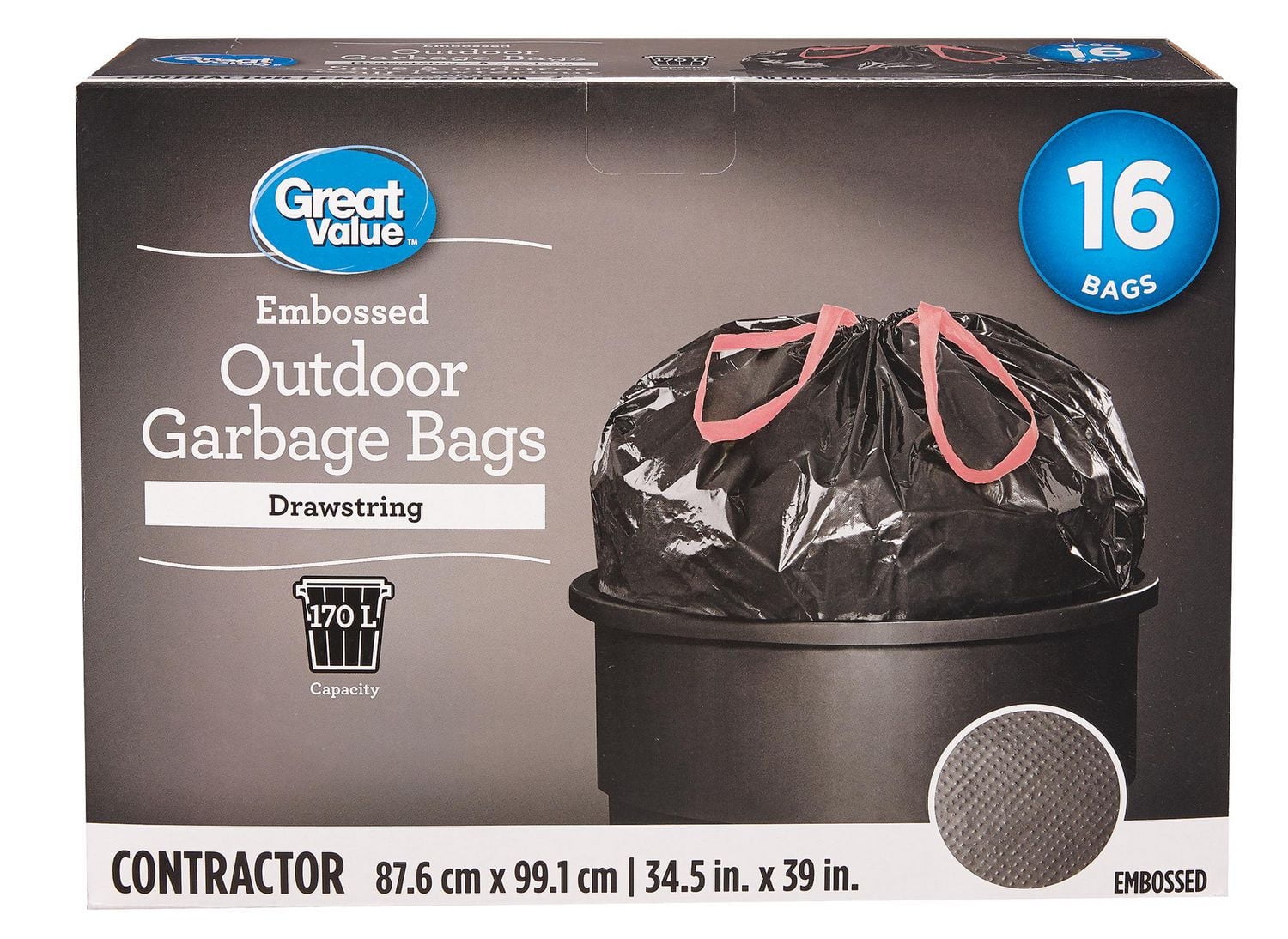 Great Value Outdoor Garbage Bags with Drawstring, 16 Bags 170 L