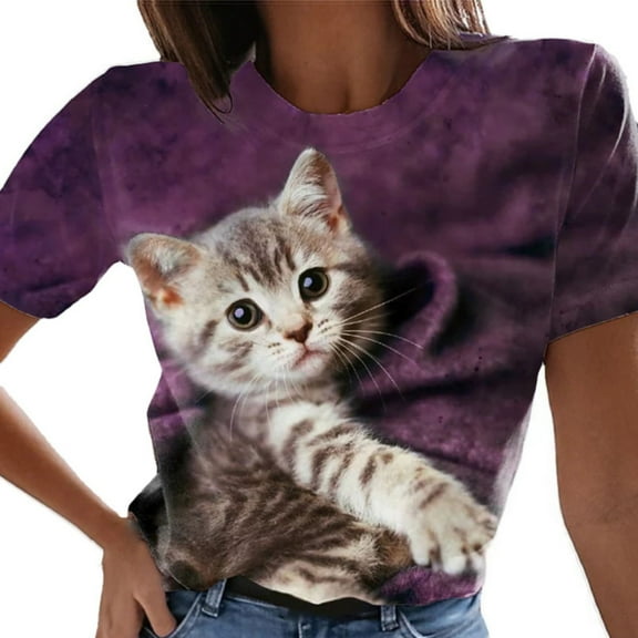 Womens Blouse Csaual T Shirts Cat Digital Print Crewneck Short Sleeve Top Loose Fit Clothing Outfits Tops L