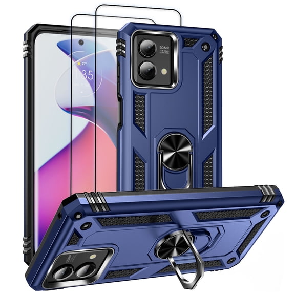 Hotpom for Moto G Stylus 2023 5G with 2 Pack Screen Protector Heavy Duty Shockproof Dustproof Phone Case with 360° Metal Ring Rotating Stand for Men/ Women, Blue