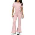 thumbnail image 2 of Girls 2 Piece Outfit Set | Kids Matching Set with Ribbed Short Sleeve Top & High Waisted Kids Flare Pants, Soft Play Clothes, Blush Pink,Size 1-2T, 2 of 5