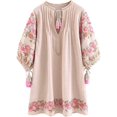 thumbnail image 1 of ivimos Robe Tunique Décontractée en Coton à Manches 3/4 Col en V Broderie Florale Beige Grande Taille, 1 of 1