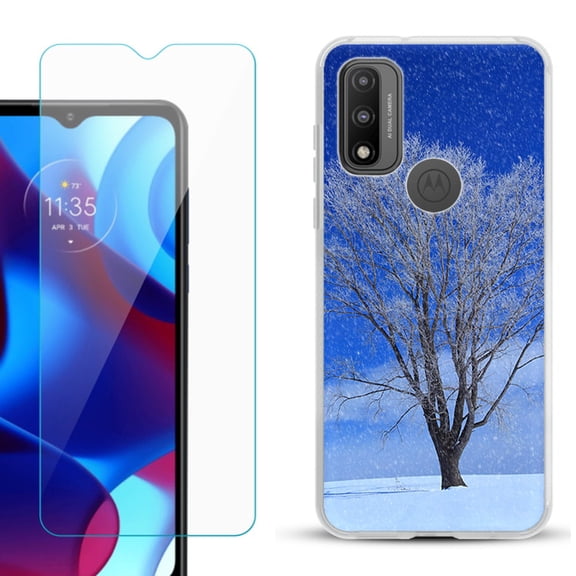 Slim-Fit Gel TPU Phone Case for Motorola Moto G Pure, with Tempered Glass Screen Protector, by OneToughShield ® - Snowing Tree