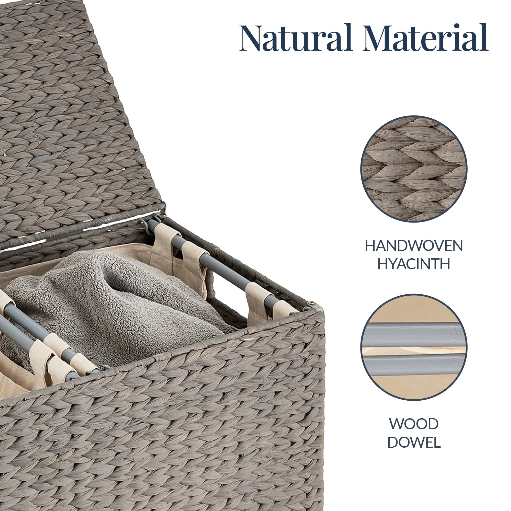 Best Choice Products Large Natural Water Hyacinth Double Laundry Hamper Basket w/ 2 Liner Bags, Handles - Gray
