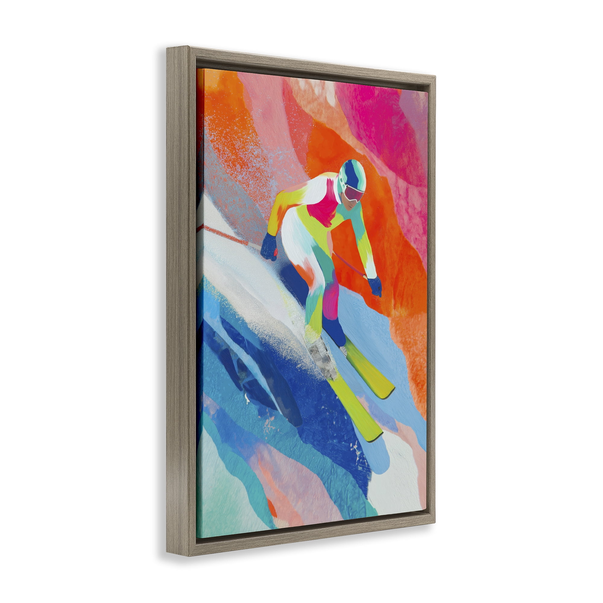 Stupell Industries Skiing Down Neon Slopes Brown Framed Floater Canvas Wall Art, design by Chromatic Storm Studio