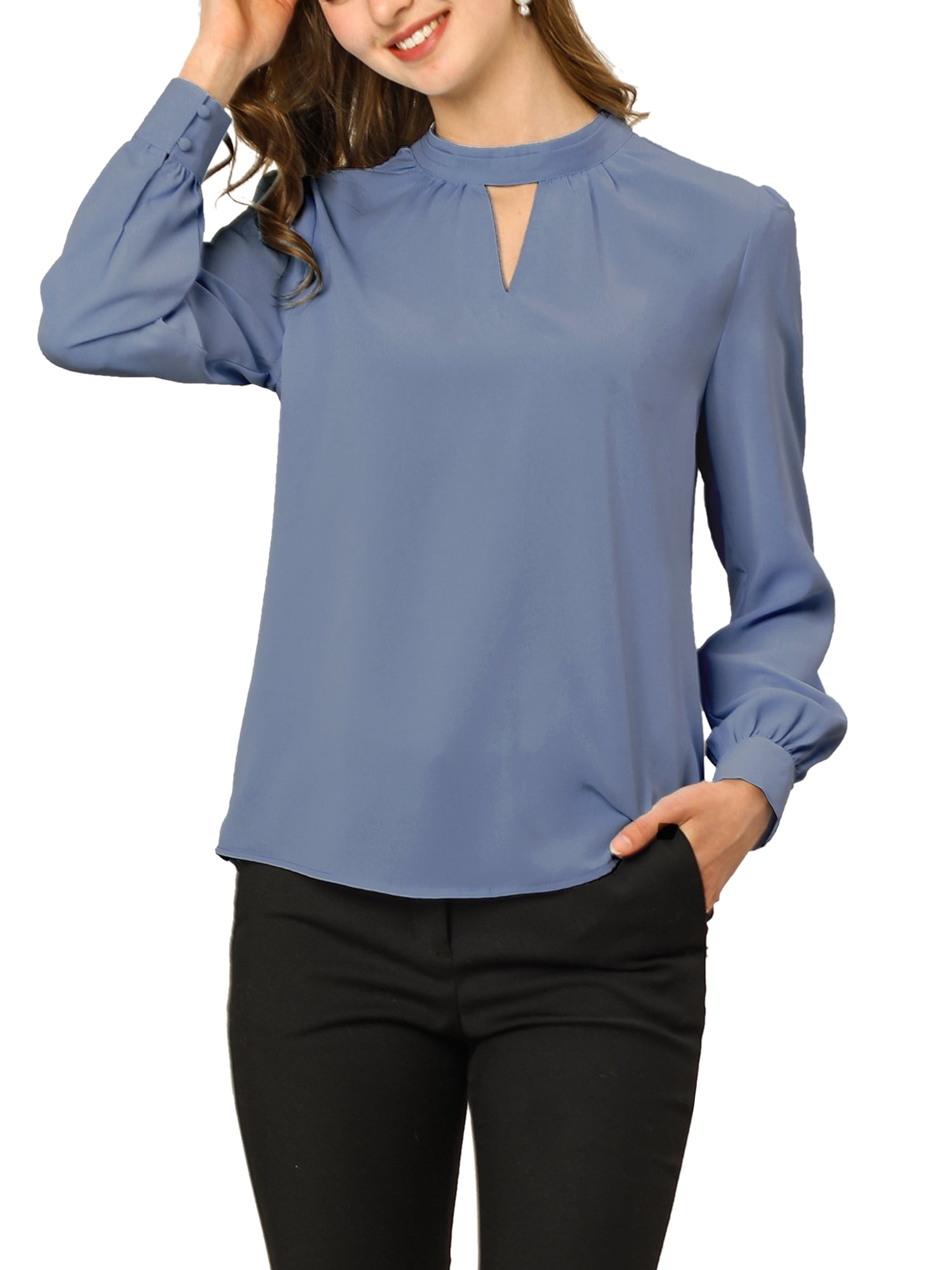 DARING DIVA Women's Stand Collar Long Sleeve Office Blouse L Dark Blue