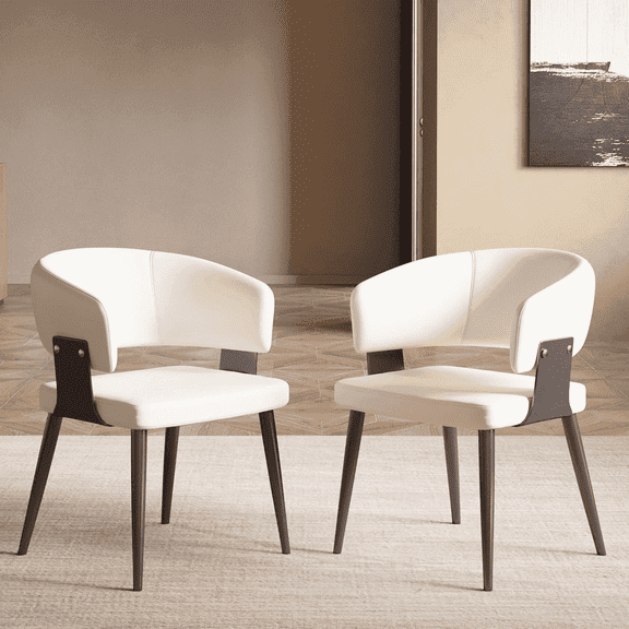 NessCarsti Modern Faux Leather Dining Chairs, Set of 2, Mid Century, Black Metal Legs, White