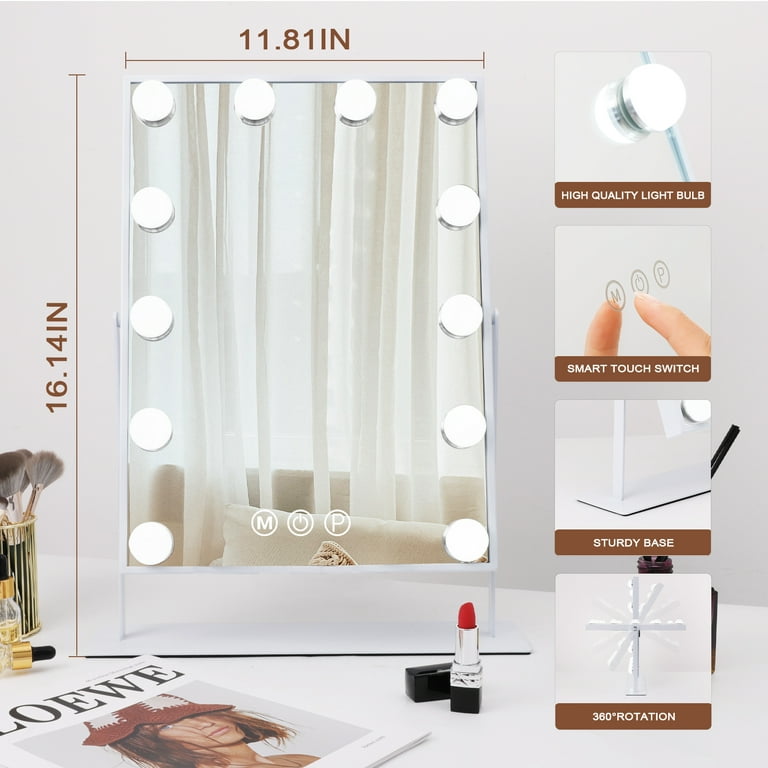 Fenchilin Hollywood Vanity Makeup Mirror with Lights Metal Tabletop White 14.5 x 18.5