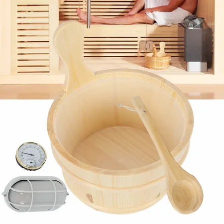 Wooden Bucket + Ladle Kit Sauna Accessories with Thermometer 5 Pcs Sauna Spa