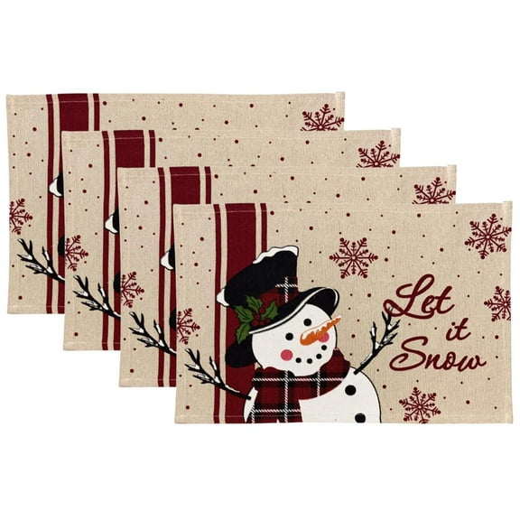 Set of 4, Snowman with Let it Snow Christmas Plaid Tapestry Placemats for Holiday Season, Home Decoration Kitchen Dining Table Easy to Clean Size: 13" x 19".