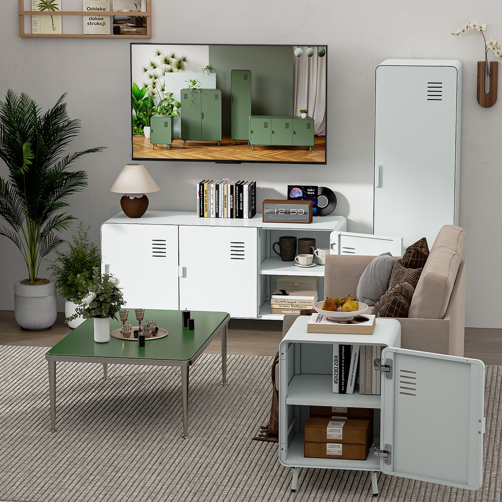 Homy Casa Storage Locker Nightstand with Shelves Metal End Table for Bedroom Dorm Office Chalk White