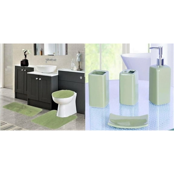 Chenille Non Slip Mat Rug for Bathroom #6 Sage Color 1 Mat ,1 Contour Mat, 1 Lid Cover & 4pc Matching Ceramic Accessories