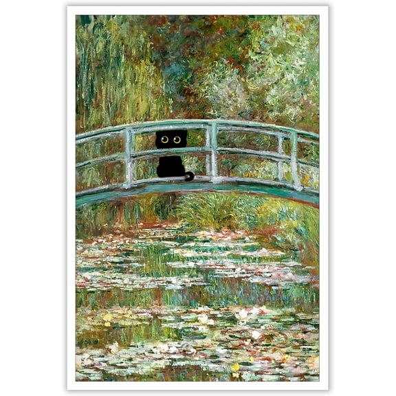 Aaheei Vintage Monet Cat Poster Funny Black Cat Bridge of Waterlilies Canvas Wall Art Famous Oil Paintings Monet Black Cat Poster Gallery Aesthetic Room Decor for Bedroom Bathroom