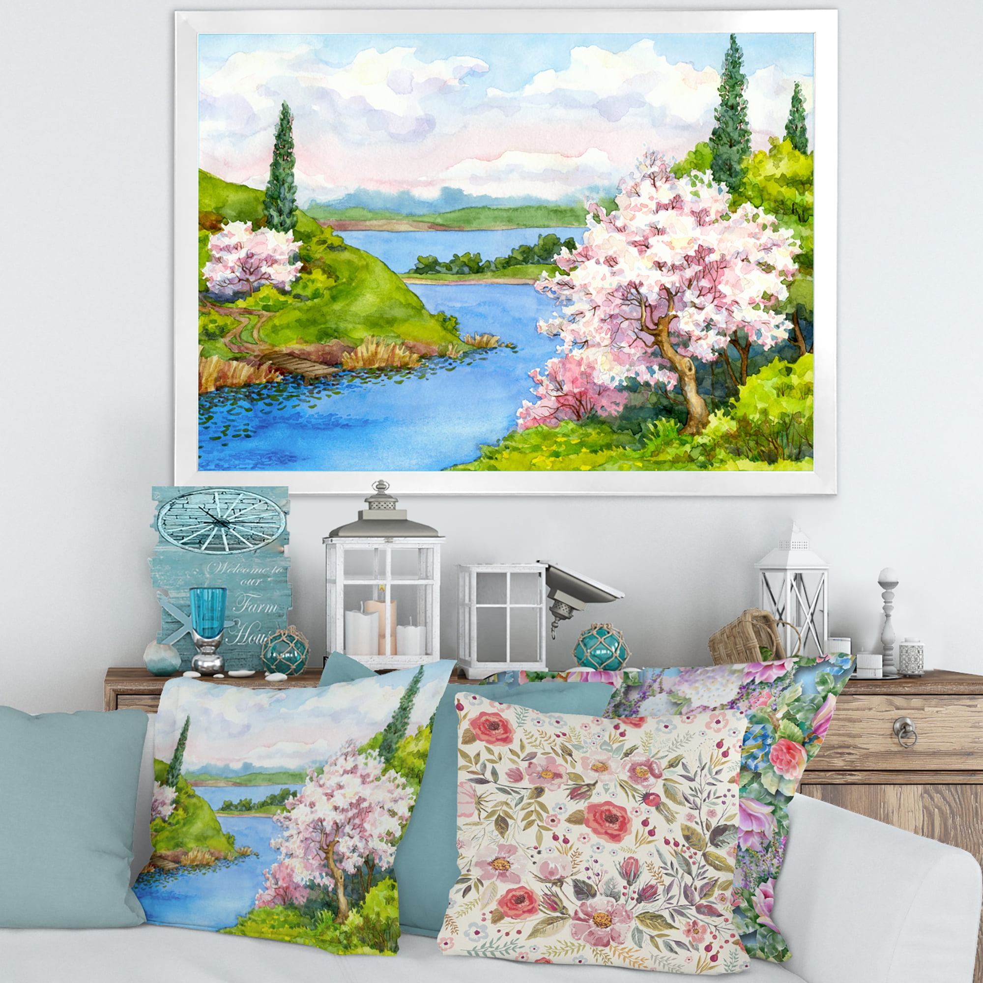 A Bright Blue Sky Over Spring Landscape 20 in x 12 in Framed Painting Canvas Art Print, by Designart