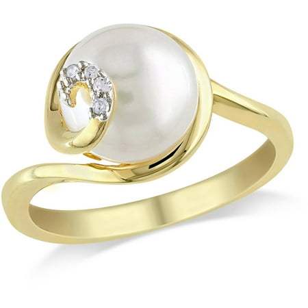 Miabella 9mm-9.5mm White Round Cultured Freshwater Pearl and Diamond-Accent Yellow Rhodium-Plated Sterling Silver Swirl Ring