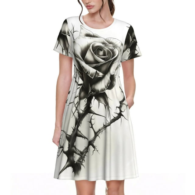 Fotbe Black And White Rose Vestido Largo de Moda para Mujer, Vestido Tipo Camiseta con Manga Corta y Estilo Casual a Rayas y Bloques de Color