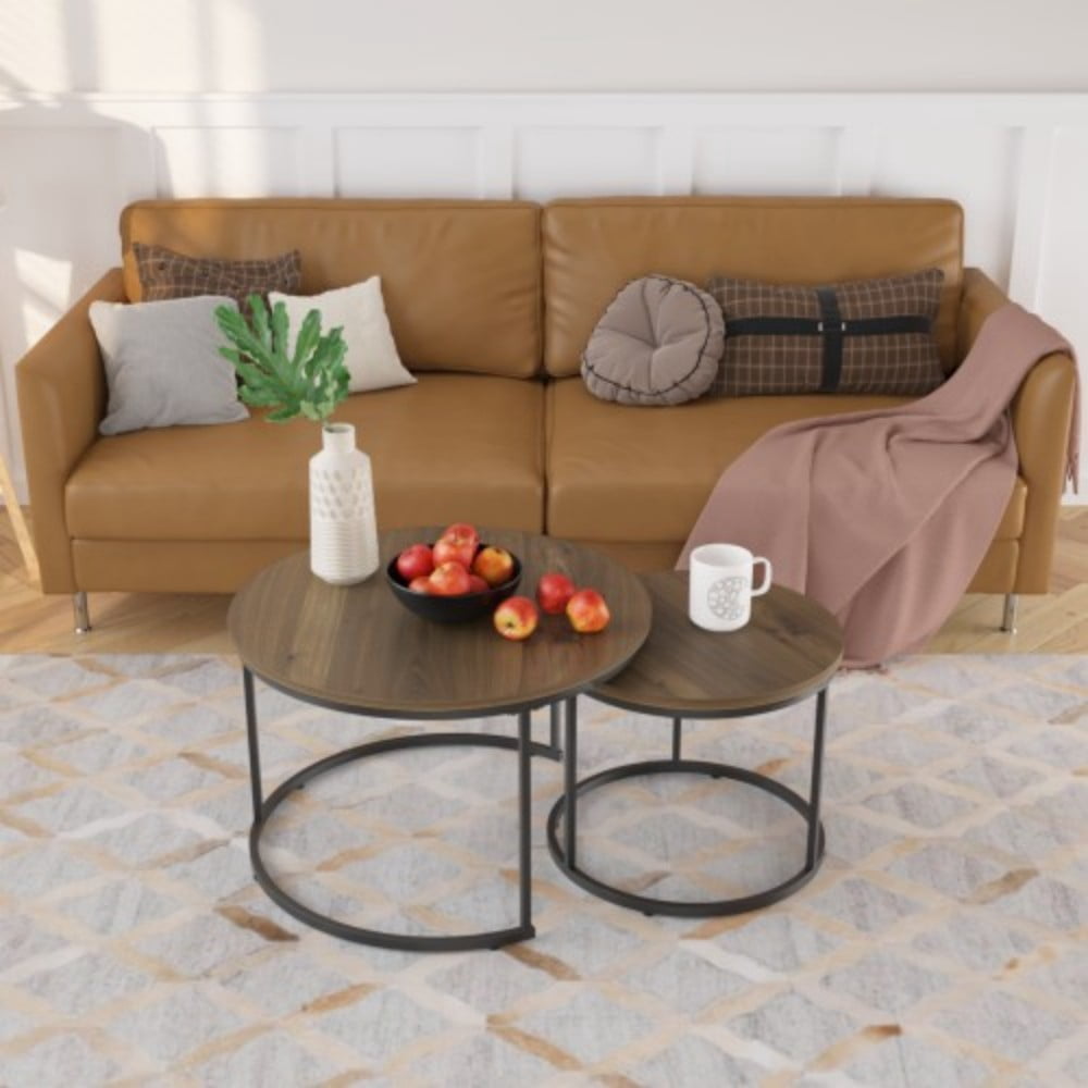 27.6" Nesting Coffee Table Set of 2, Round Wood Marble Pattern Top with Sturdy Metal Frame, Stackable End Tables for Living Room, Bedroom, Office, Brown & Black