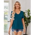 thumbnail image 4 of JYLFC Women's Casual V-Neck Short Sleeve T-Shirt Solid Loose Fit Basic Tee Top Going Out Basic Summer Blouse, Cyan Blue XL, 4 of 7