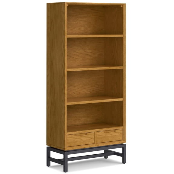 Simpli Home Banting 66 inch x 30 inch Solid Wood Industrial Mid Century Bookcase in Oak Veneer