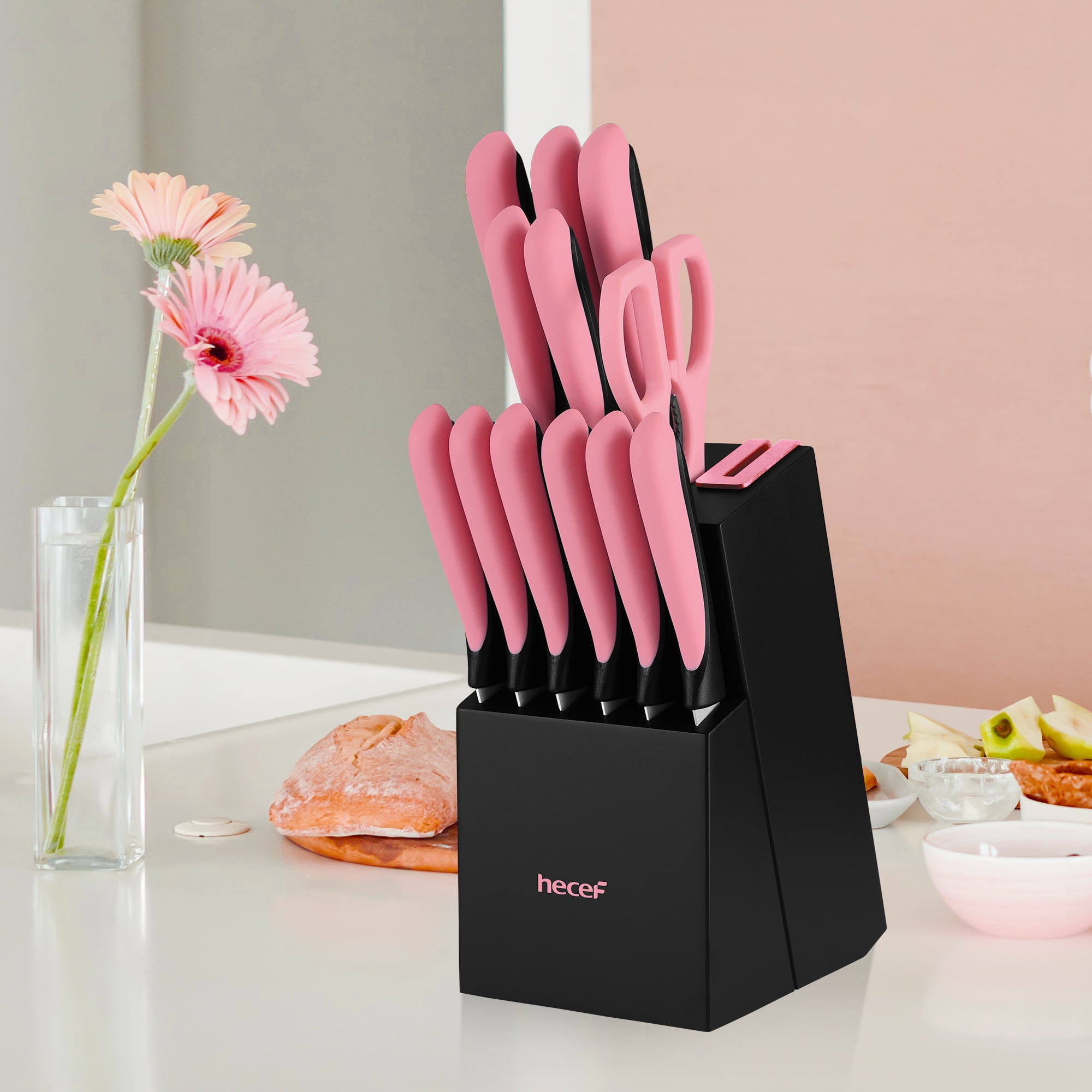 Hecef 13-Piece Knife Set, Stainless Steel Kitchen Knives with Block, Chef Knife, Santoku Knife, Steak Knives, Scissors