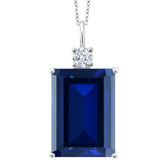 Gem Stone King 17.50 Cttw Blue Created Sapphire Pendant Necklace for Women in 925 Sterling Silver | Emerald Cut 18X13MM | With 18 inch Silver Chain
