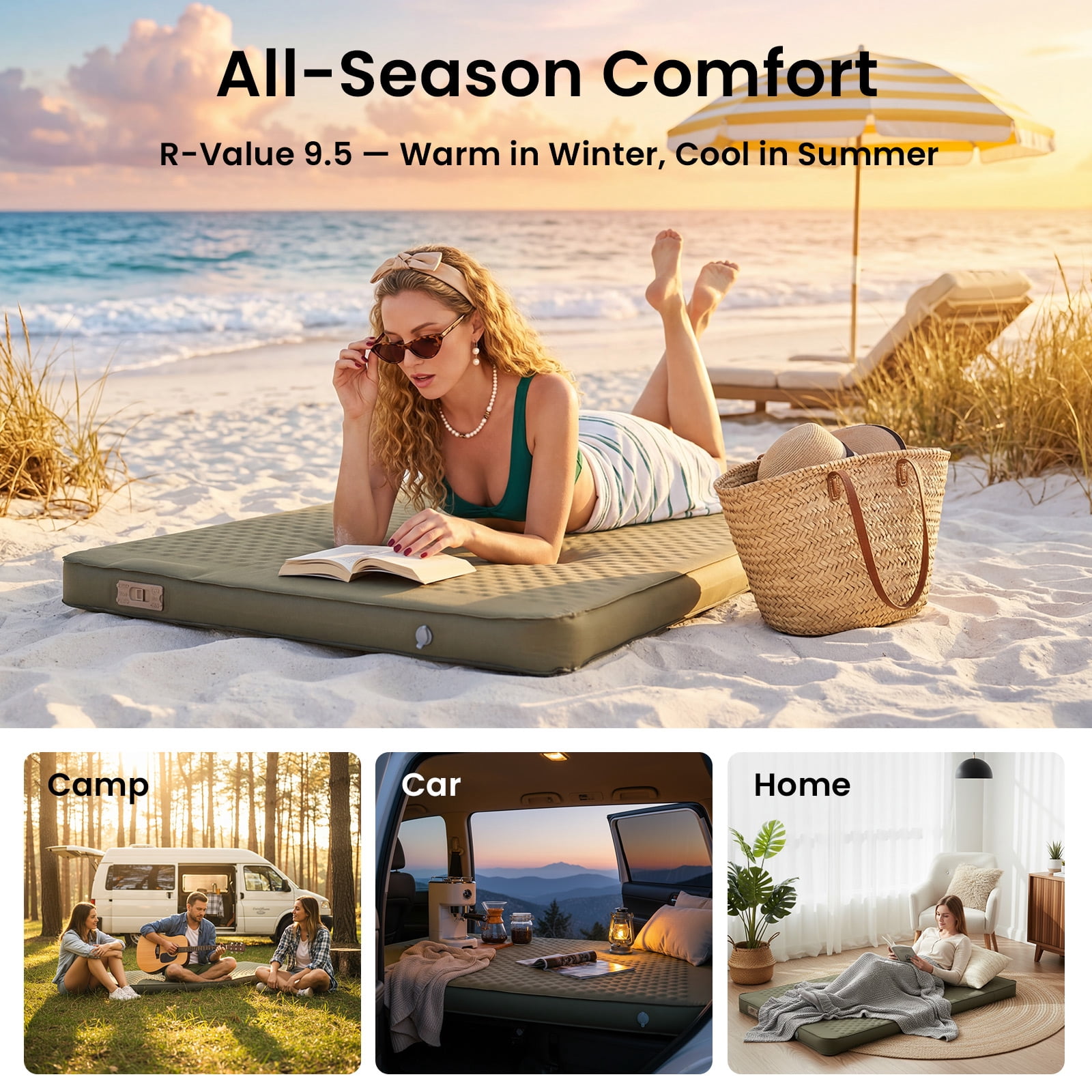 ABORON Full Size Self-Inflating Sleeping Pad, Foam & Air Camping Mattress, 9.5 R-Value Insulated Sleeping Mat with Built-In Pump, Portable All Season Camping Pad for Tent, Car, Cot, Truck Army Green