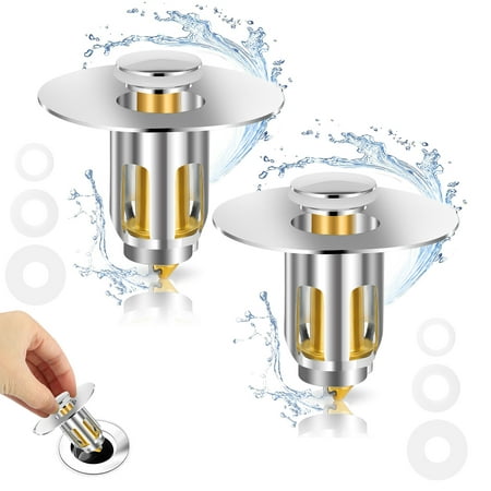 

2pcs Universal Bathroom Sink Stopper for 1.02-1.96 Bullet Core Push Type Basin Pop-Up Drain Filter Bathtub Converter Sink Drain Strainer Plug with Hair Catcher No Overflow with Basket