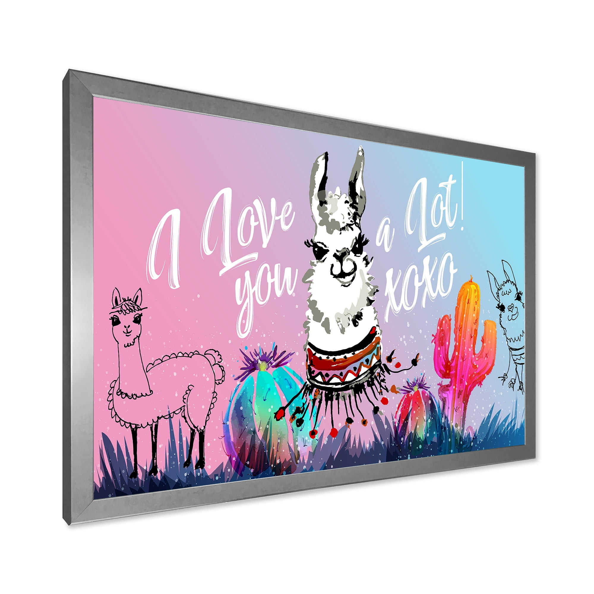 Designart 'I Love You A Lot Llama Alpaca Cartoon Portrait' Children's Art Framed Art Print