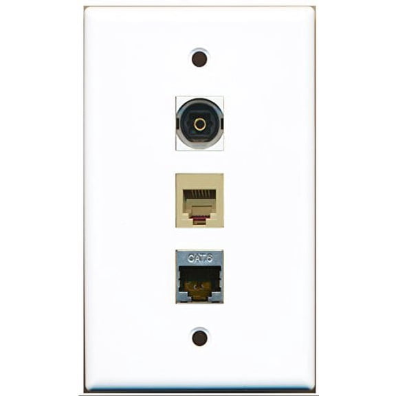 RiteAV - 1 Port Phone RJ11 RJ12 Beige and 1 Port Shielded Cat6 Ethernet and 1 Port Toslink Wall Plate