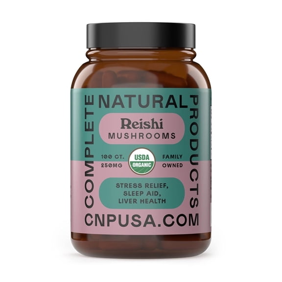 Complete Natural Products Organic Reishi Mushroom Capsules, 250mg, 100ct | Fruiting Body Extract | Plant-Based | Adaptogenic Support | Made in USA | Organic & Kosher Capsules