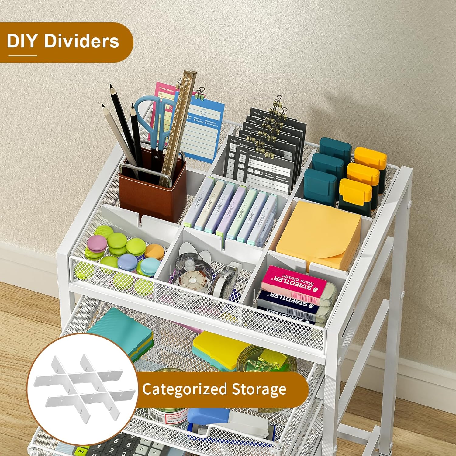 Rolling File Cart with 3 Storage Drawers, Under Desk Filing Cabinet with DIY Divider, Hanging File Folder Organizer on Wheels, Fits A4/Letter Size, Metal Utility Cart for Home Office