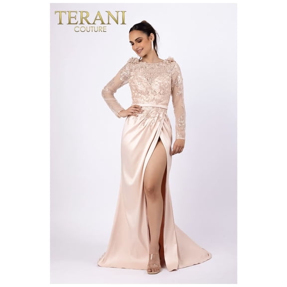 Women's Terani Couture 3d Flower Applique A Line Sheer Sleeves Dress 232m1557 Blush Pink 10