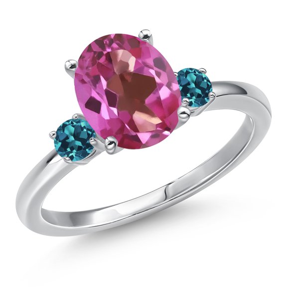 Gem Stone King 14K White Gold Pink Mystic Topaz and London Blue Topaz Engagement Ring for Women | 3.51 Cttw | Oval 10X8MM | Gemstone November Birthstone | Size 5