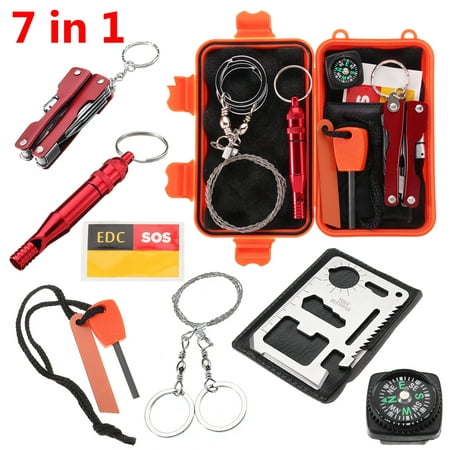 7 in 1 SOS Outdoor Survival Kit Multi-Purpose Emergency Equipment Supplies First Aid Survival Gear Tool Kits Package Box for Travel Hiking Camping Biking