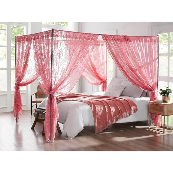 Warm Home Designs Lace Canopy Bed Curtains Set Consists of 8 48" x 78" Rose Pink Canopy Curtains with Tie-Backs. LC Rose