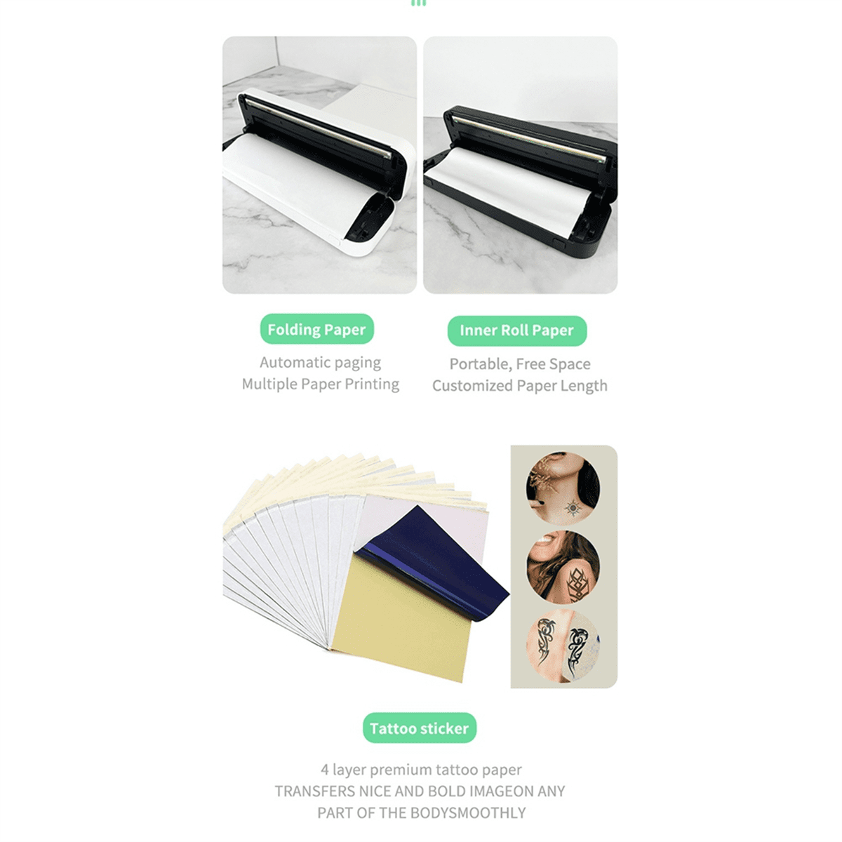 Portable Mini A4 Printer No Ink Printing A4 Thermal Printer for Phone PC Tattoo Transfer Printer White