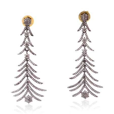 14 kt Gold Pave Diamond Sterling Silver Designer Dangle Earrings Jewelry
