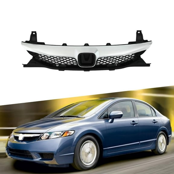 ONEPI Front Bumper Grill Black W/ Chrome Trim Compatible with Honda Civic 2009 2010 2011 Models, No Emblem