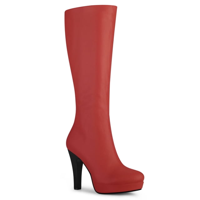 Unique Bargains Women's Chunky Heels Platform Over the Knee High Boot Red (Size 9)