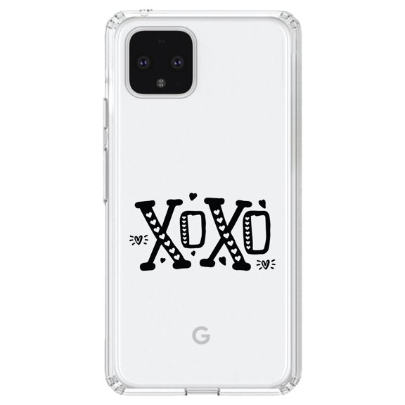 DistinctInk Clear Shockproof Hybrid Case for Google Pixel 4 (6.1" Screen) - TPU Bumper Acrylic Back Tempered Glass Screen Protector - XOXO Black Hearts Valentine