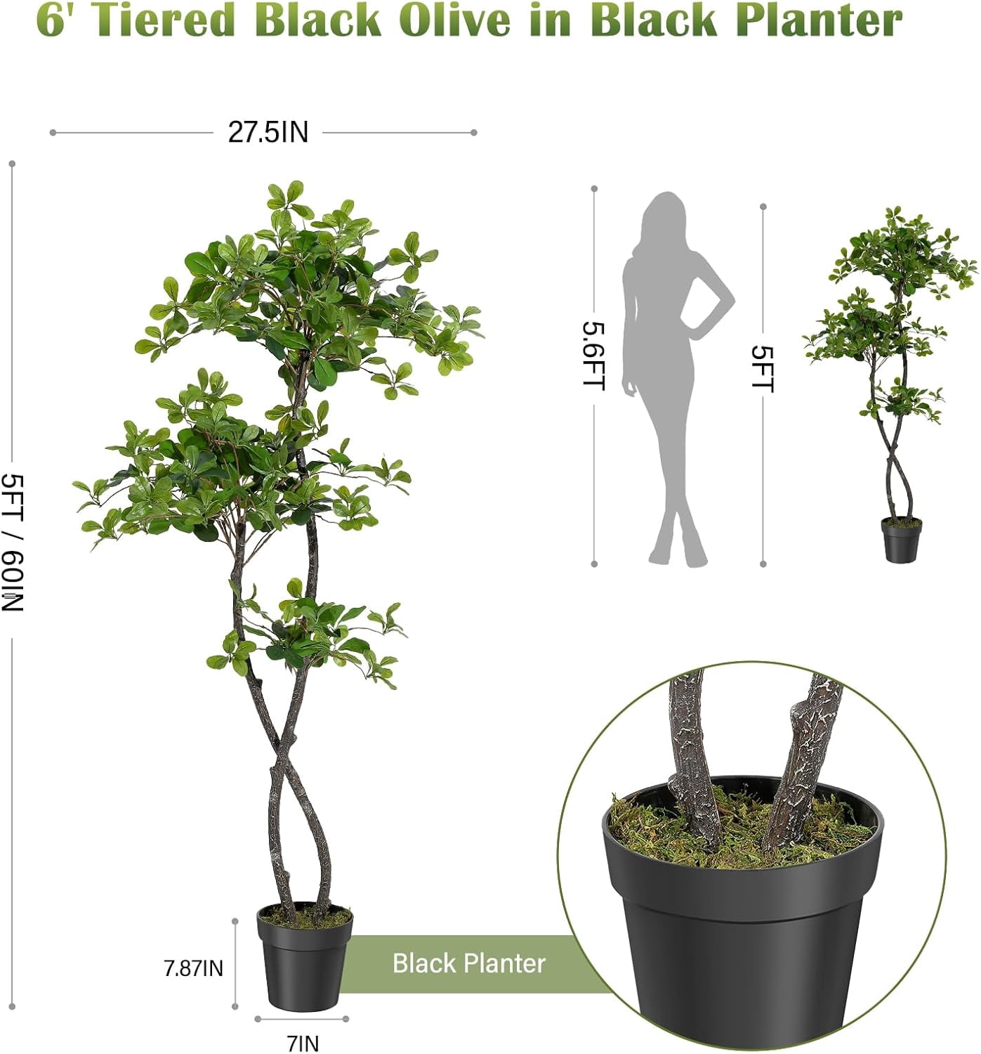 Trilenars Artificial Black Olive Tree,5Ft Tall Faux Olive Tree in Pot with 2 Tier,Fake Plants with 50 Lights and Dimmer for Indoor Living Room