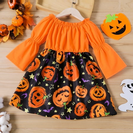 

PatPat Toddler Girl Halloween Ruffle Off Shoulder Long Sleeve Splice Dress Pumpkin Swing Skirt Midi Dress Kids Fall Outfit 1-6T