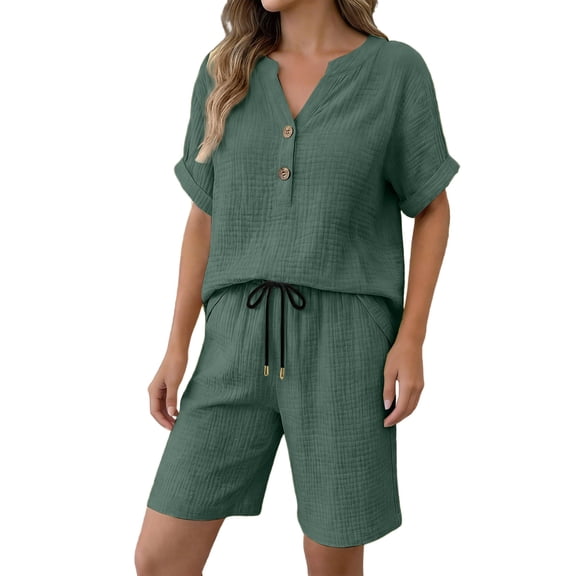 GZWYHT Linen Pant Sets Women 2 Piece Outfits,Cotton Short Sets For Women Bohemian Sets Sweatsuit Lounge Set Womens Beach Vacation Set Cotton Summer Sets For Women Green M
