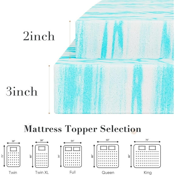 Memory Foam Mattress Topper 2 Inch Thick Cooling Gel Infused for Bed Sofa RV Camper Blue