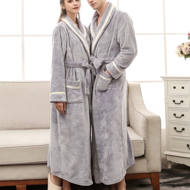 Men's Winter Lengthened Bathrobe Splicing Home Clothes Long Sleeved Robe Coat in grey, shown in a full-length view. The robe features a soft plush texture, patchwork design, and a belted waist for a secure fit. It includes two front pockets and long sleeves with contrasting trim. Suitable for casual home wear during spring, autumn, and winter.