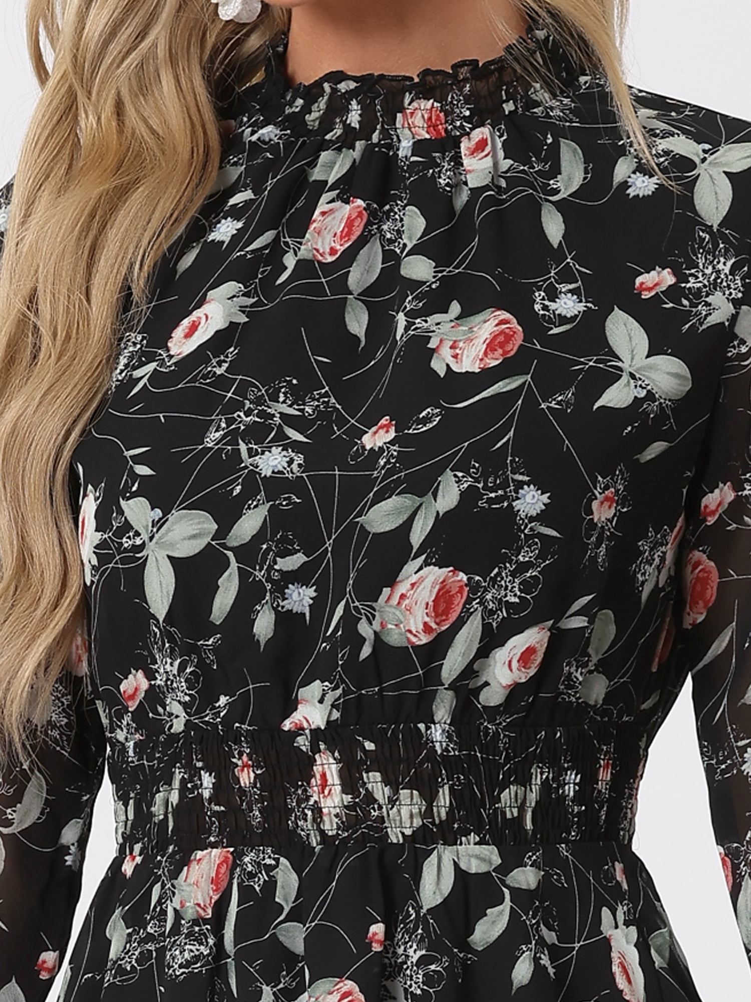 DARING DIVA Floral Ruffle Trim Layered Dresses M Black