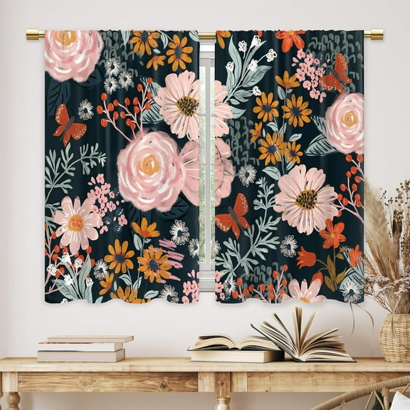 Boho Pink Flower Kitchen Curtains Black Floral Bathroom Curtains Window Treatment Drapes Tier Bohemian Rustic Vintage Cafe Small Bedroom Short French Door Curtains 2 Panels 28x40 Inch